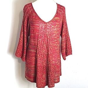 Faded Glory Pullover Sweater Red & Gold Tweed, Loose Knit Accents, Sz XL 16-18